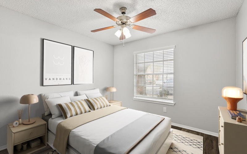 Bedroom with natural lighting and high ceilings