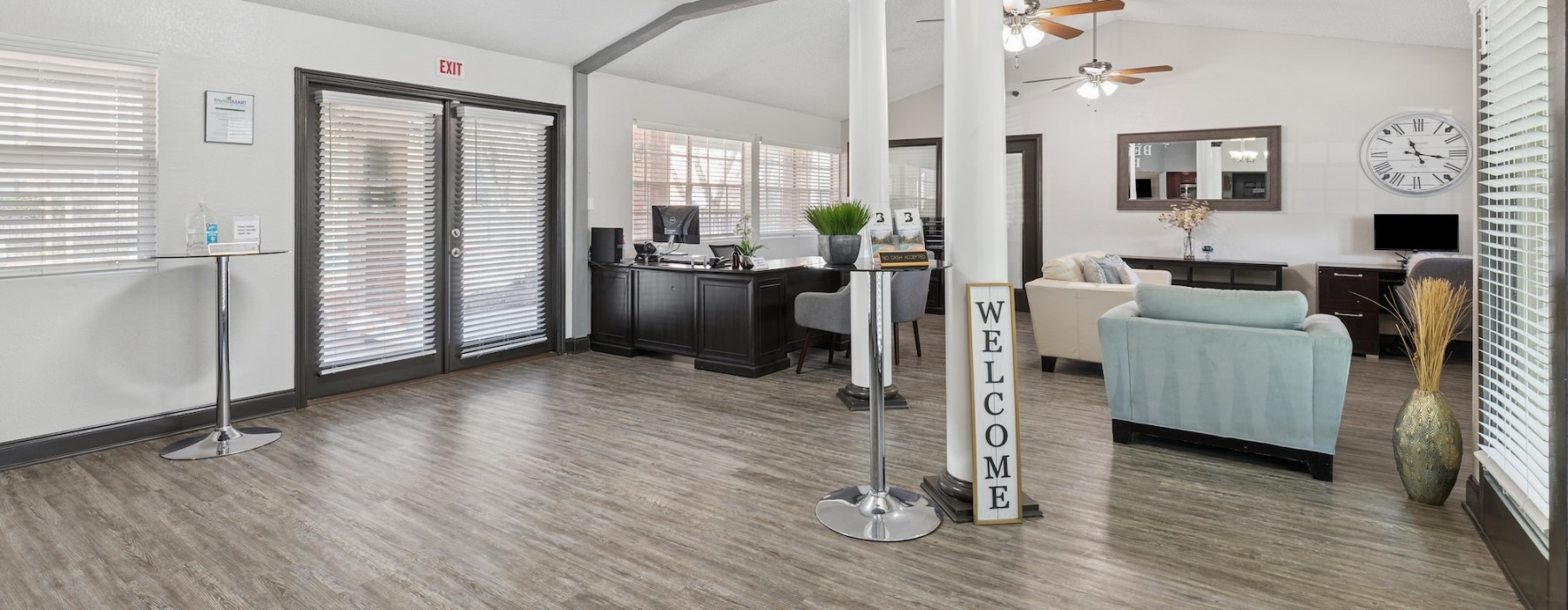 a spacious lobby with lounge sitting